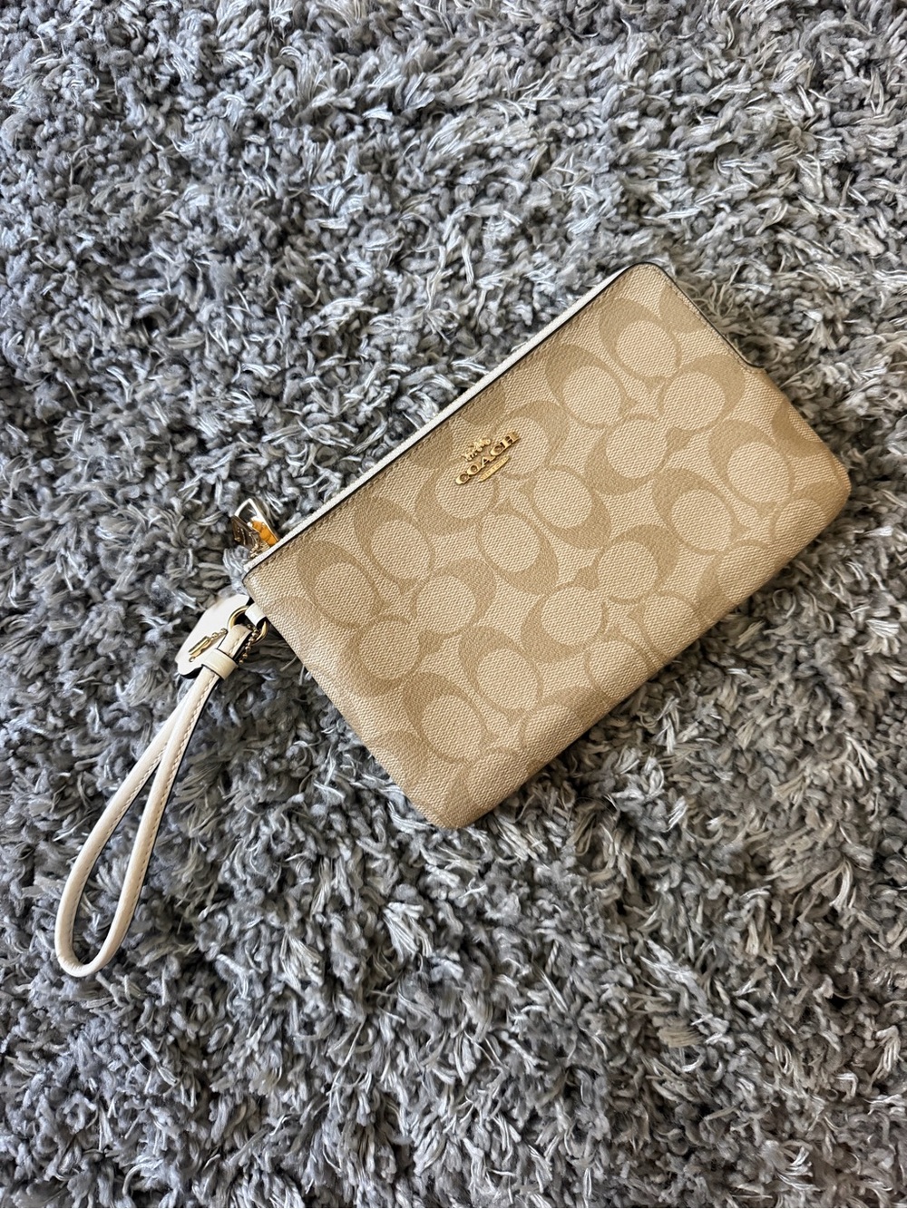 Coach Beige Signature Canvas Wristlet with Chalk Trim